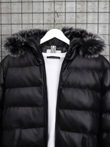 EURMUSE Men's Hooded Padded Jacket With Fur Collar - Black - View 3