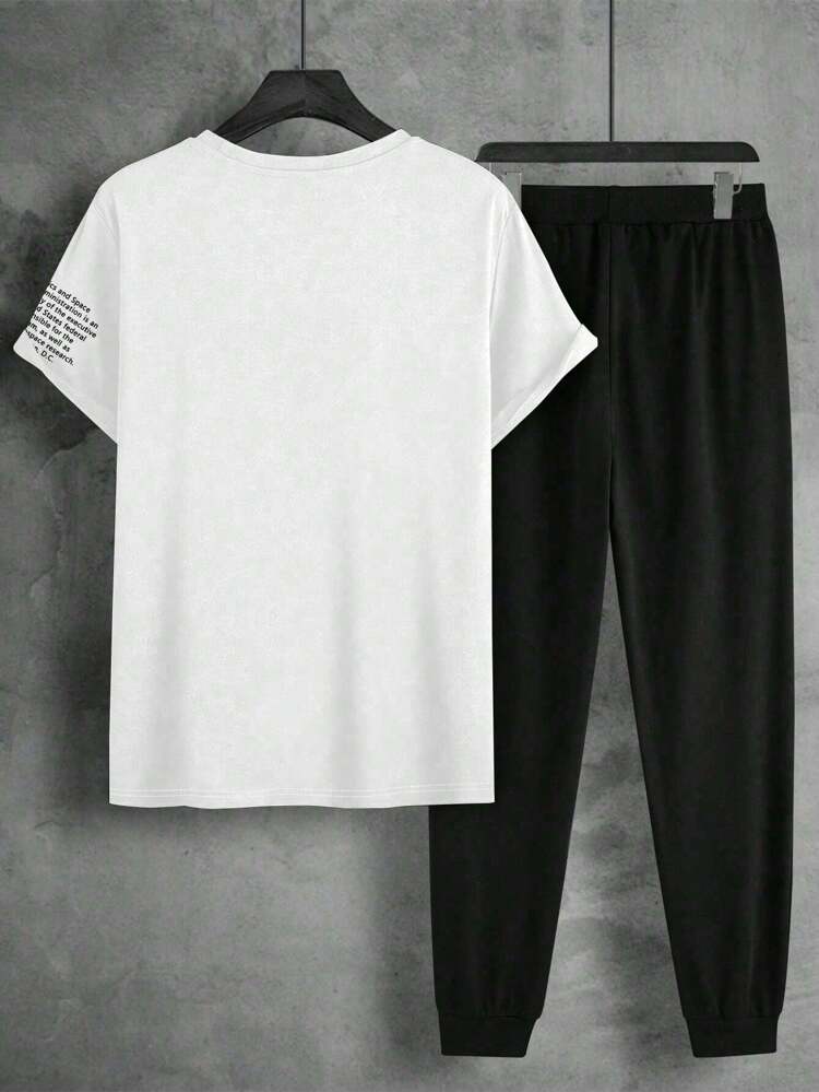 Men's Plus Size Slogan Printed Short Sleeve T-Shirt And Jogger Pants Set