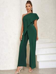 Asymmetrical Shoulder Sexy Simple Patchwork Wide-Leg Jumpsuit - Dark Green - View 4