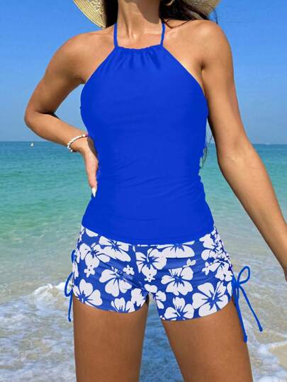 Swim Lushoire 夏季沙灘女士單色露背背心上衣與花卉印花拳擊手泳裝套裝