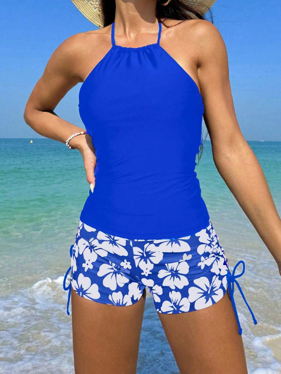 Swim Lushoire Conjunto de Tankini con top halter de unicolor para mujer en la playa con impresión de flores y pantalones cortos tipo boxeador - azul real - View 1