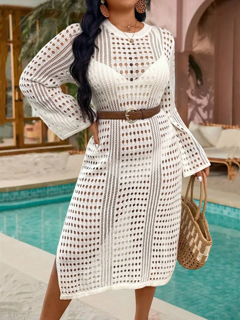 Plus Size Hollow Out Split Knitted Sweater Dress, No Waist Belt Included Fall Cloth For Women