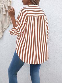 Calvaya Plus Size Summer Striped Patch Pocket Blouse With Notched Collar - Multicolor - View 4
