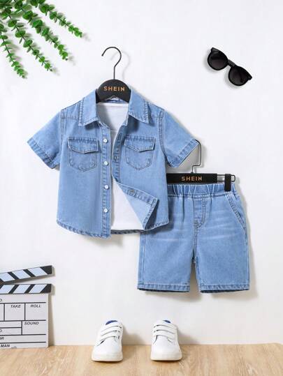 SHEIN Young Boy 2pcs/Set Casual Comfortable Soft Blue Shirt And Shorts Denim Set For Spring And Summer