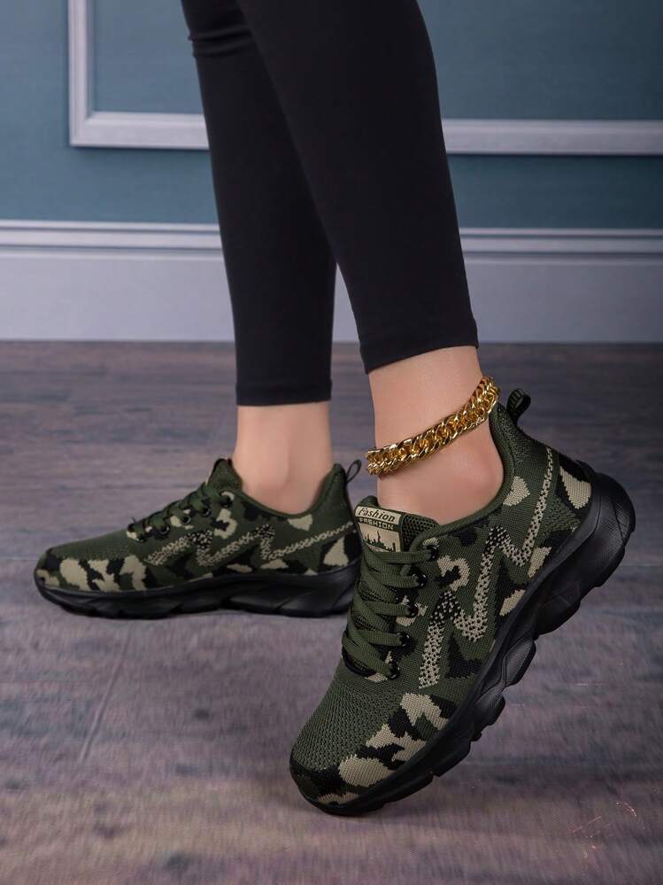 Zapatos deportivos casuales ligeros con cordones de malla de camuflaje de unicolor para mujer, para todas las estaciones, tenis para mujer - Verde militar - Añade 5