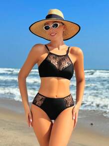 SHEIN Swim Contrast Patchwork Halter Neck Bikini Set, Two Pieces Bikini Swimwear Summer