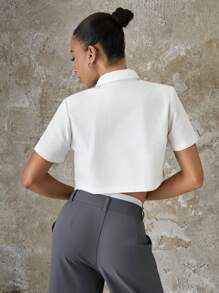 SHEIN EZwear Plaid Pattern Detail Cropped Blazer Jacket - White - View 2