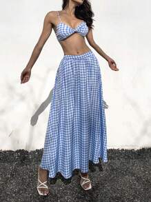 SHEIN Unity Xoắn Chi tiết Rô Mô hình Cắt chóp Cami Và Váy vui tươi Kỳ nghỉ 2 Miếng - Màu xanh lam - Xem 4