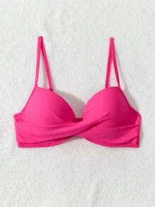 SHEIN Swim Màu thuần Cổ chữ V Áo bikini dây đeo cổ - Màu Hồng Tươi - Xem 3