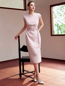 MOTF PREMIUM RUCHED FROG BUTTON WAIST DRESS,HOLIDAY PARTY BIRTHDAY FORMAL EVENING OCCASSION - Pink - View 6