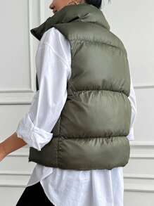 EURMUSE Solid Color Stand Collar Sleeveless Jacket Winter Vest - Khaki - View 2