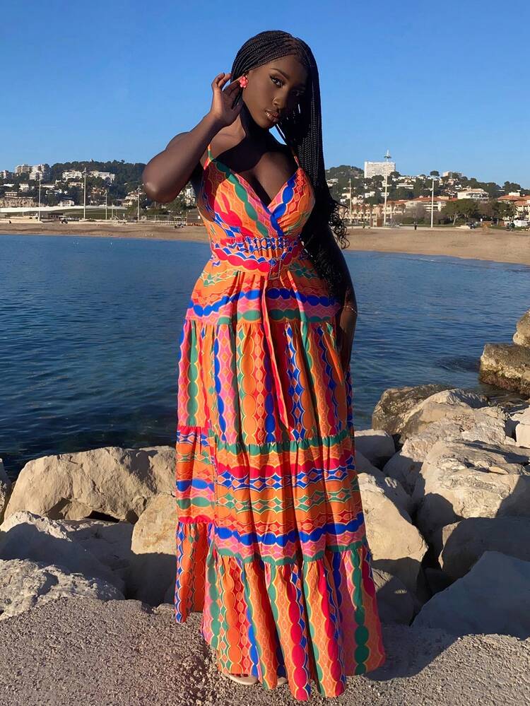 Summer Casual Vacation Suspender V-Neck A-Hem Colorful Plaid All-Over Printed Long Dress Women's Dress