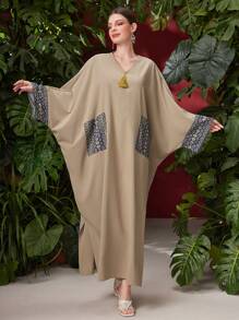 Al Najma Print Patchwork Double Pockets Batwing Sleeve Dress Kaftan Jalabiya Dress - Apricot - View 6