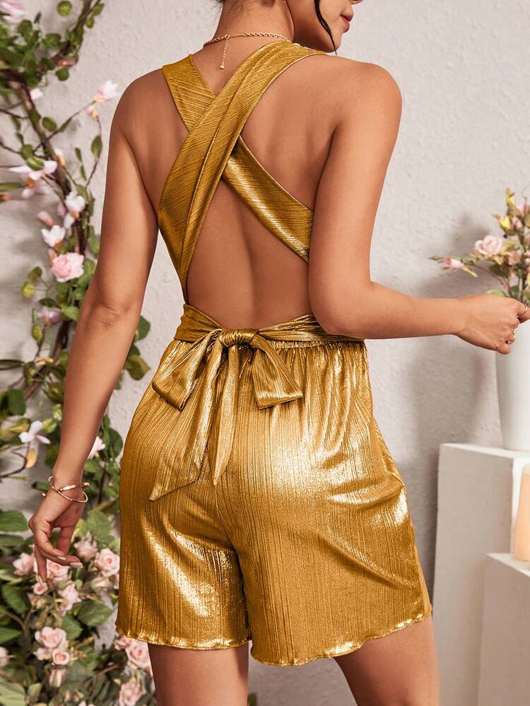 Women's Sleeveless Metal Texture Cross Summer Romper