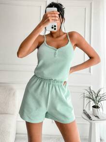 Waffle Knit Cami Top & Shorts Lounge Set - Mint Green - View 1