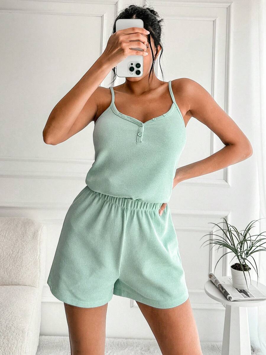 Waffle Knit Cami Top & Shorts Lounge Set - Mint Green - View 1