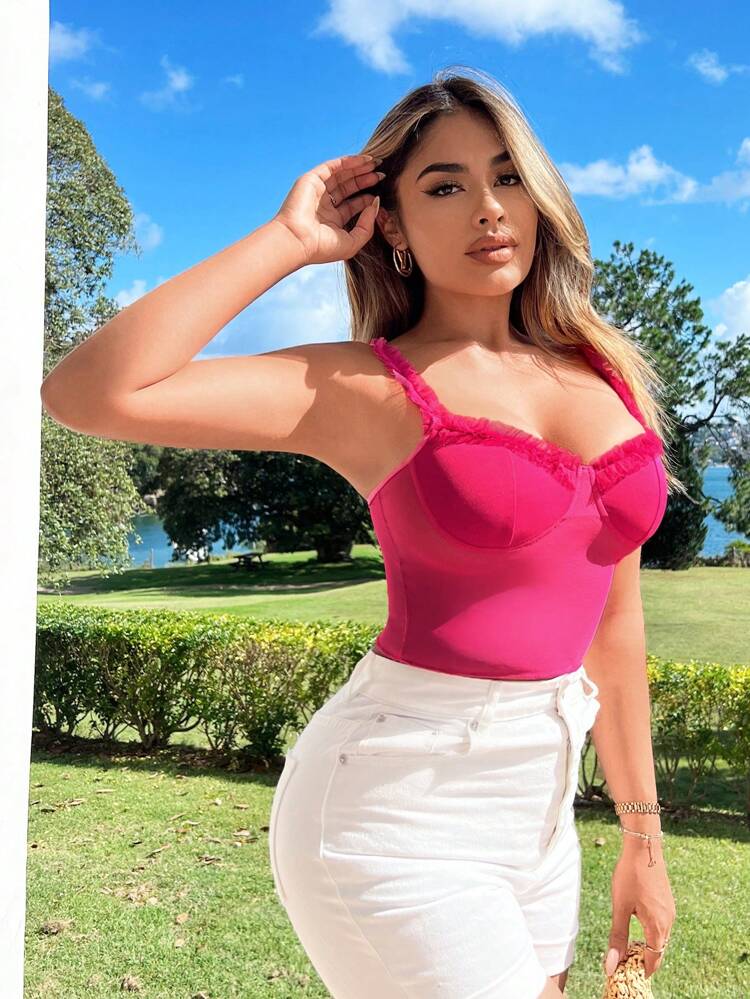 Summer Holiday Sexy Mesh Ruffle & Lace Trimmed Bustier Shaped Camisole Top