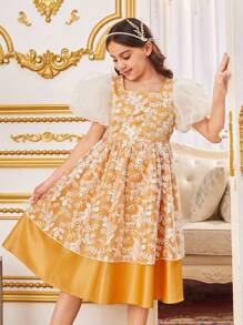 SHEIN Tween Girls Dresses Kontras Mesh Sulaman Zip Bunga Pesta - Kuning - View 4