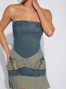 Denimoi Robe En Denim Sans Bretelles À Blocs De Couleurs Avec Ourlet Plissé - Jean brut - Voir 3