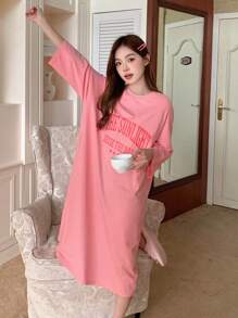 DAZY Casual Home Dress With Letter Printed Pattern Summer, Moo Moo Pajama - Pink - View 3