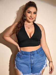 SHEIN Swim Curve Summer Beach Plus Solid Halter Bikini Top - Black - View 1