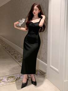 DAZY Solid Color Slim Fit Strappy Dress Prom Dress Elegant Sundress - Black - View 1