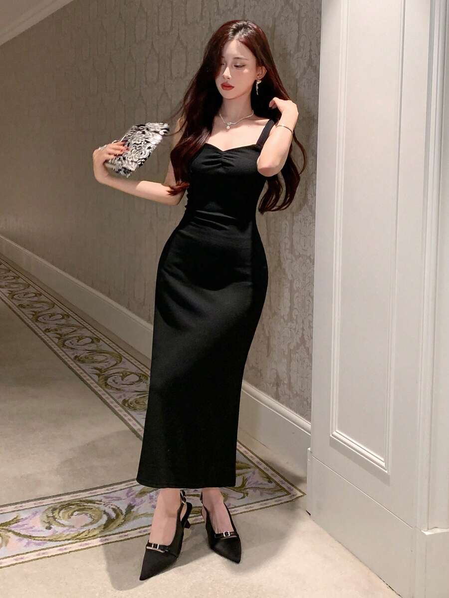 DAZY Solid Color Slim Fit Strappy Dress Prom Dress Elegant Sundress - Black - View 1