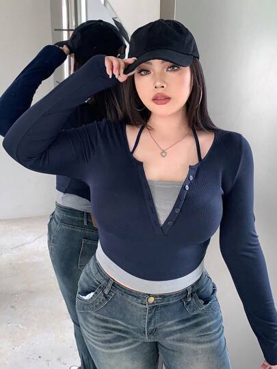 Dazy Petite Plus 大码女式拼色长袖挂脖式 T 恤 夏季