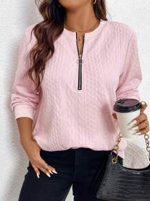 SHEIN LUNE Kích thước lớn Màu thuần Dây kéo nửa Áo nỉ - Bụi hồng - Xem 5