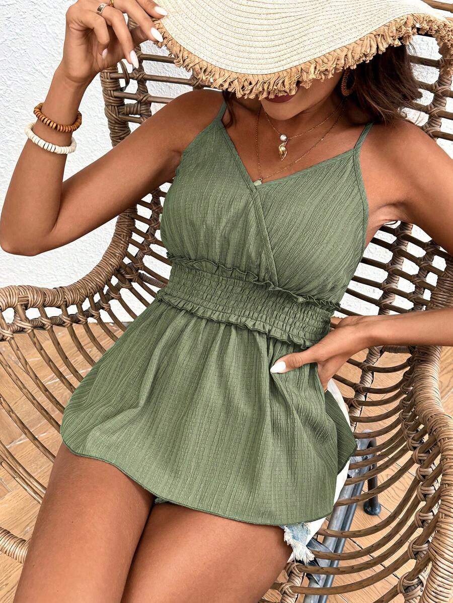SHEIN Frenchy Họa Tiết Vải Nếp Nhăn Eo Thắt Dây Yếm Top - màu xanh lá - Xem 1