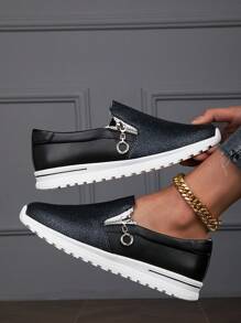 BALTEOP Women Green Metal Zipper Casual Comfortable Slip-On Elastic Strap PU Leather Patchwork Plaid Sneakers - Black - View 1