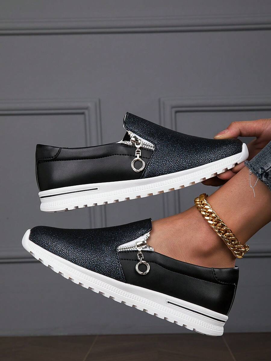 BALTEOP Women Green Metal Zipper Casual Comfortable Slip-On Elastic Strap PU Leather Patchwork Plaid Sneakers - Black - View 1
