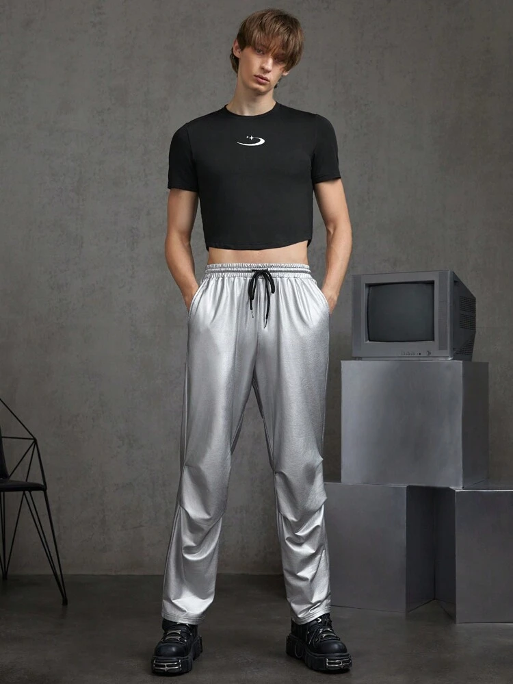 Men's Moon Printed Short Sleeve T-Shirt And Knitted Pants Set For Casual Wear