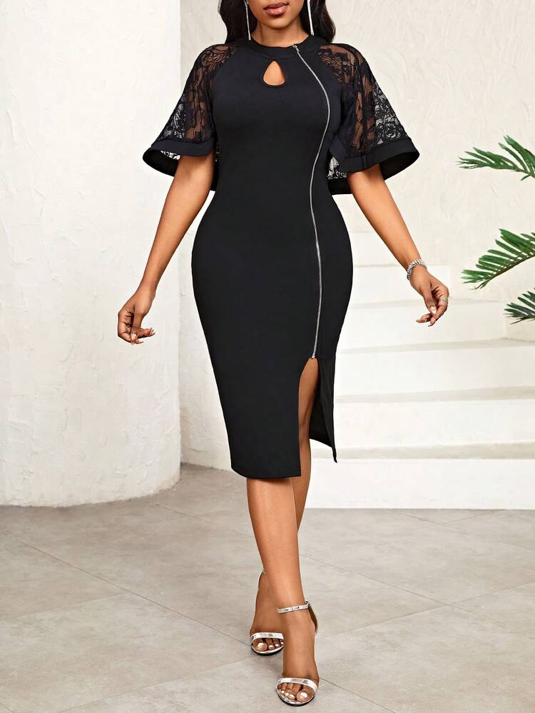 Ladies' Solid Color Lace Panel Front Zipper Slit Bodycon Dress