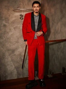 Manfinity VCAY Men's Knitted Casual Contrast Shawl Collar Suit Set - Red - View 1