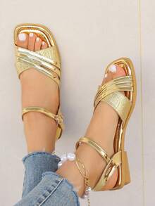 女士春季金屬裝飾平底涼鞋,金色粗底舒適多用途平底涼鞋和夏季戶外開尖平底涼鞋 - 金色 - 查看 4