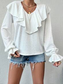 RueChic Ruffle Draped Neck In Glitter Printed Elastic Textured Fabric With Elastic Cuffs Elegant Leisure Style - White - View 5