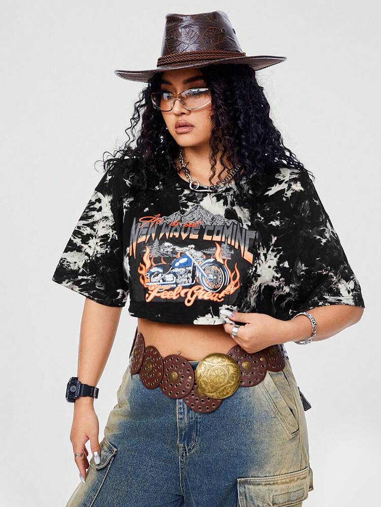 Plus Size Loose Fit Tie-Dye Print Music Festival Cropped Race Car Graphic T-Shirt