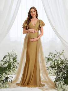 Faeriesty Dressalisa Maternity Layered Ruffle Sleeve Contrast Mesh Formal Gown - Khaki - View 1