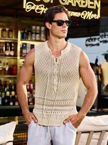 Manfinity RSRT Chaleco de crochet tejido informal para hombres con correas entrecruzadas y detalles de calado - Albaricoque - Ver 1