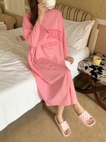 DAZY Casual Home Dress With Letter Printed Pattern Summer, Moo Moo Pajama - Pink - View 4
