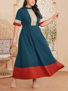 Mulvari Plus Size Women's Colorblock Stand Collar Short Sleeve Dress - Multicolor - View 2