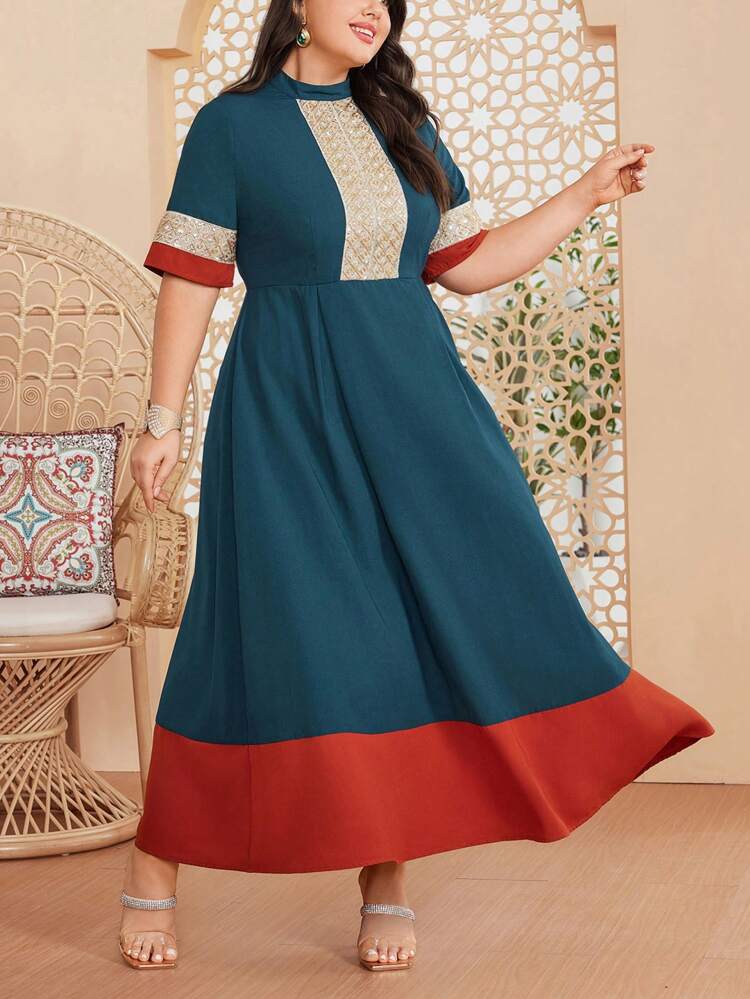 Plus Size Women's Colorblock Stand Collar Short Sleeve Dress