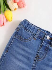 SHEIN Baby Girl's Soft Summer Washed Denim Shorts - Dark Wash - View 4