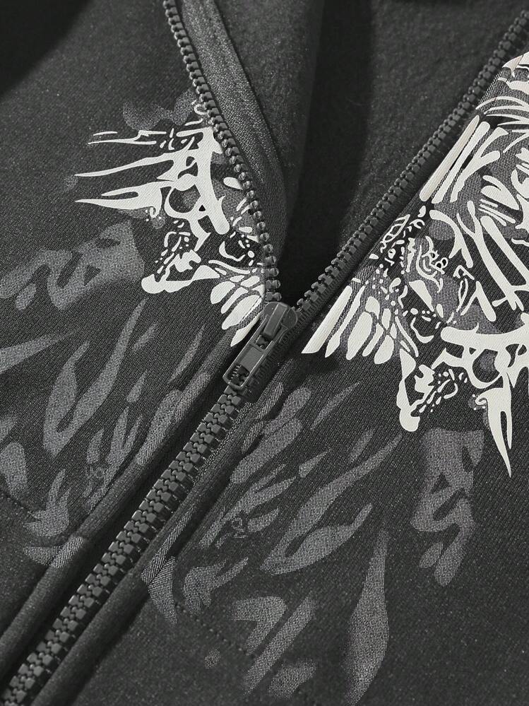 SHEIN Unity Sudadera Con Capucha Con Cremallera Frontal Impresa Esqueleto Para Mujeres - Gris - Añade 3