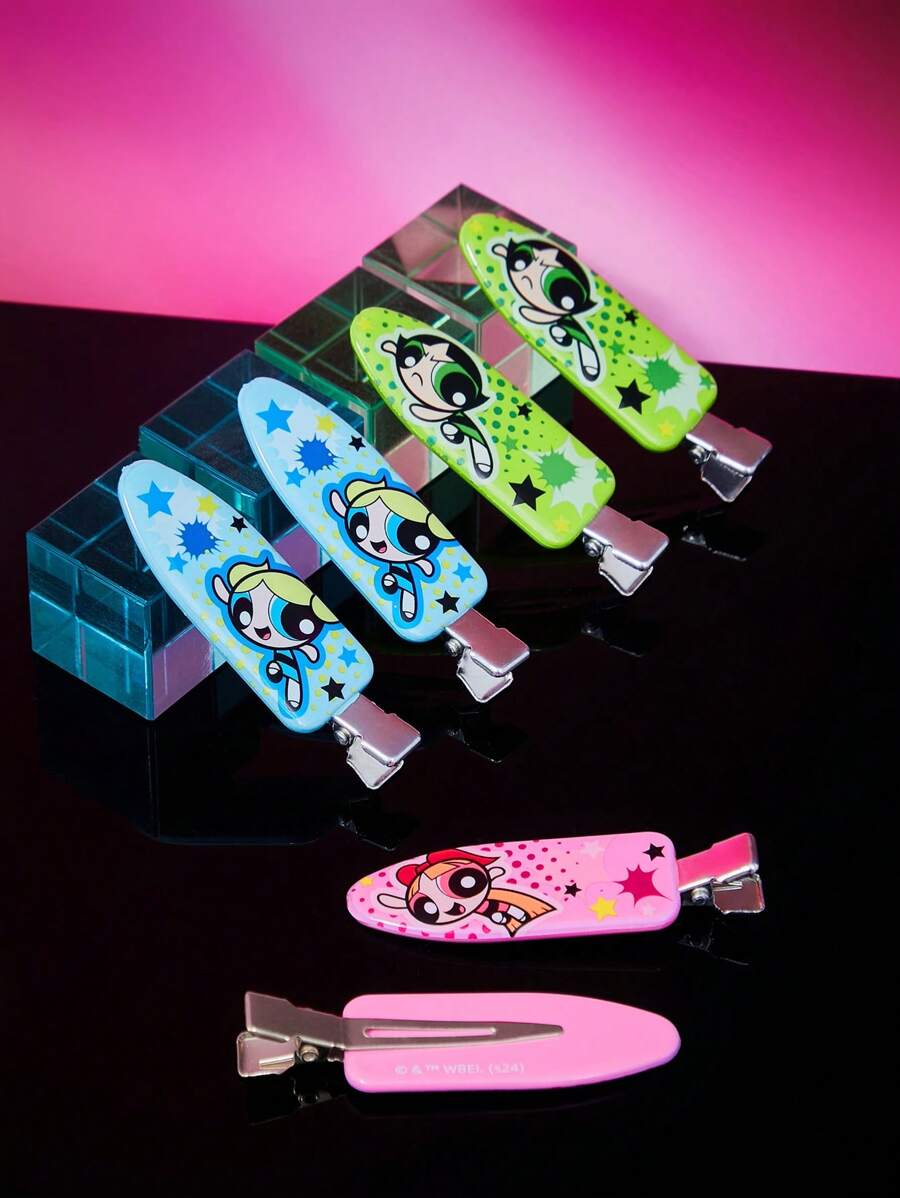 THE POWERPUFF GIRLS X SHEIN 6pcs/Pack Cartoon Pattern Crease-Free Hair Clips, These Hair Clips Leave No Marks,Suitable For Daily Use, Face Washing, Makeup, And Outdoor Matching