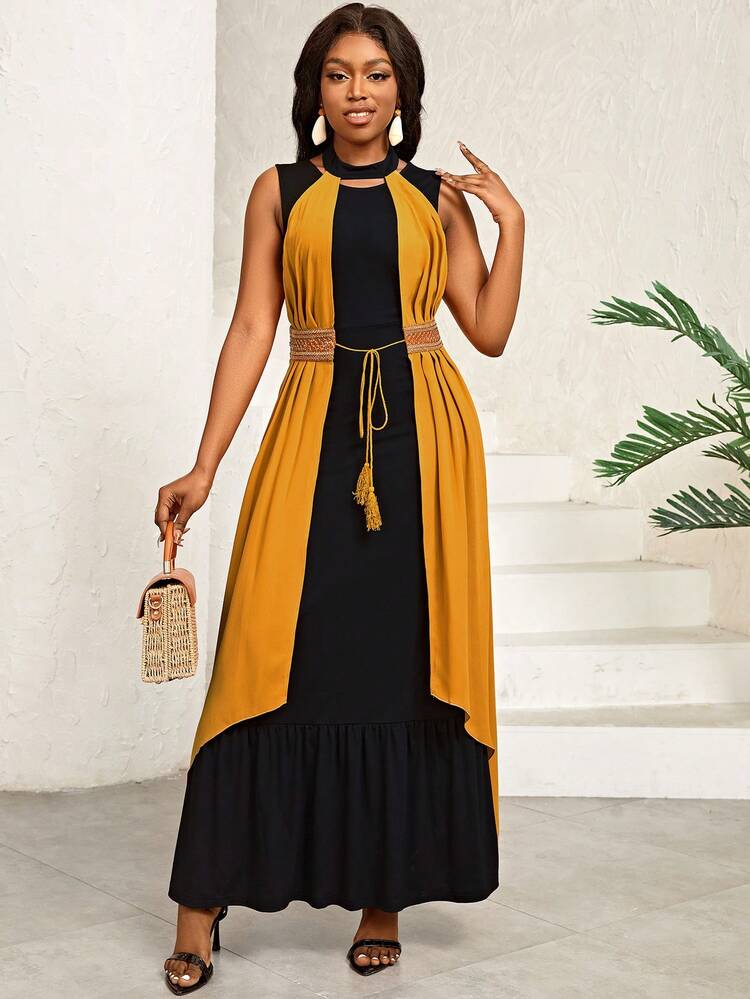 Solid Color Ruffle Hem Cami Dress And Patchwork Woven Belt Coat