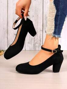 女性圓頭踝帶高跟鞋,時尚百搭 - 黑色 - 查看 4