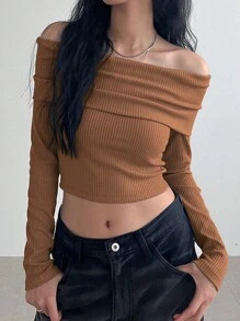 DAZY 纯色露肩罗纹长袖修身T恤短款女式上衣 - 橘色 - 查看 1