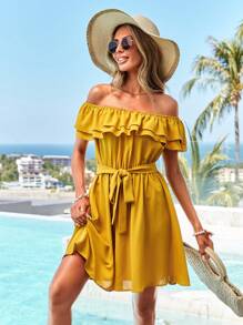 SHEIN VCAY Màu thuần Ngày lễ Off Shoulder Viền Ruffle Váy chữ A Với Trang trí Cạnh - Màu vàng - Xem 3